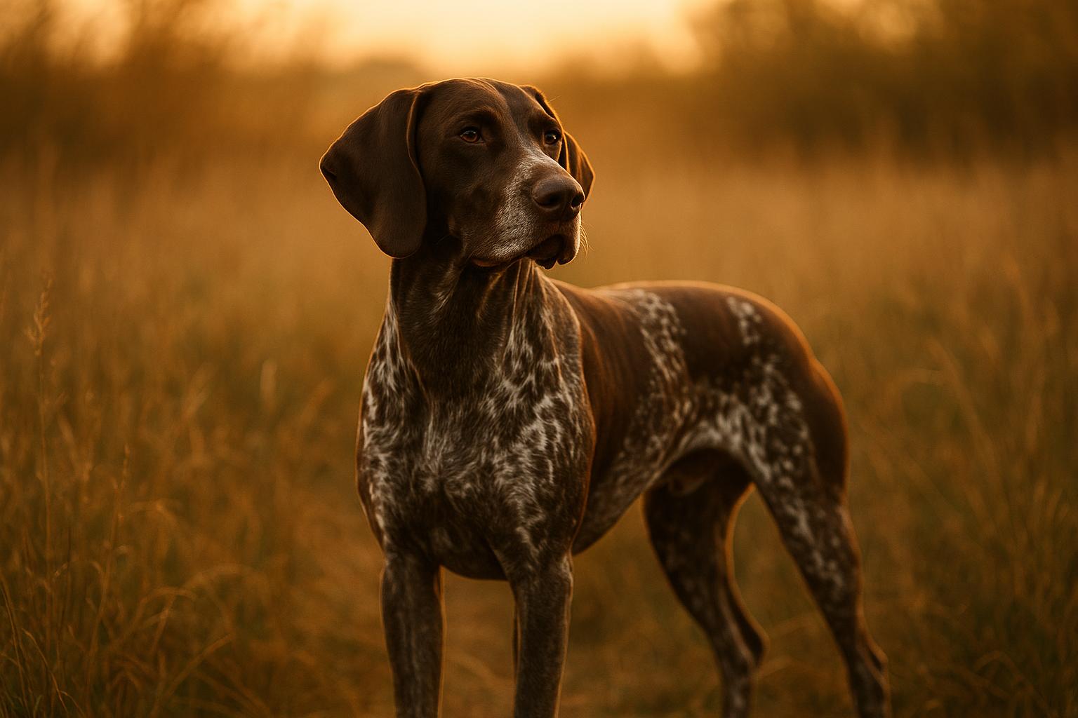 Elite German Shorthaired Pointer at sunset